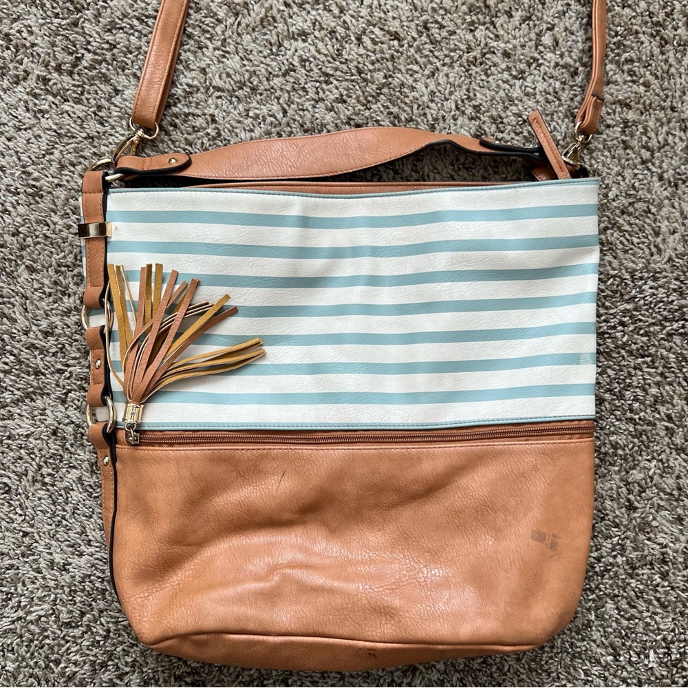 Maurices Tan and White Shoulder Bag with Nautical Stripes
